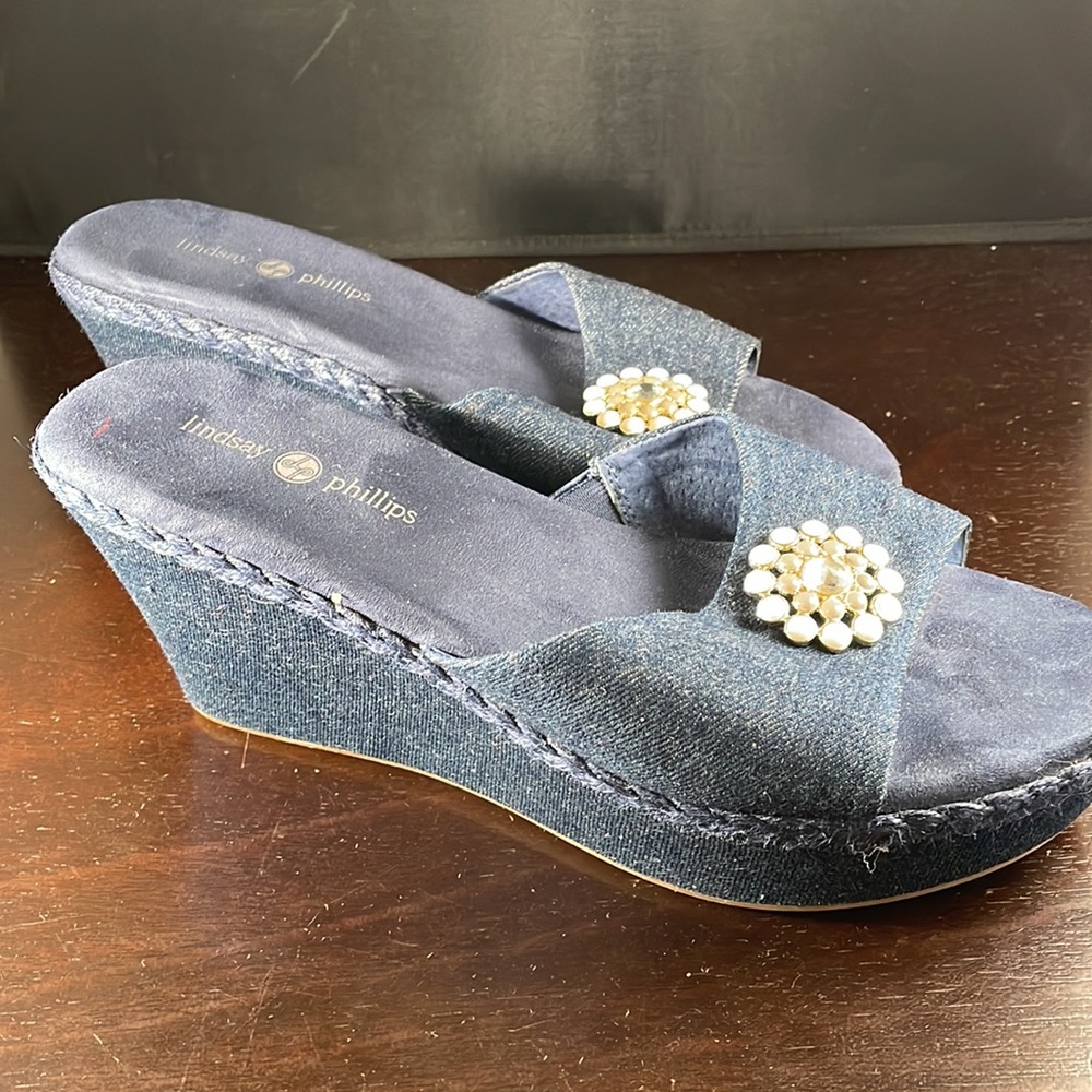 Lindsay Phillips Chambray / Denim Wedge Sandals - Picture 2 of 8